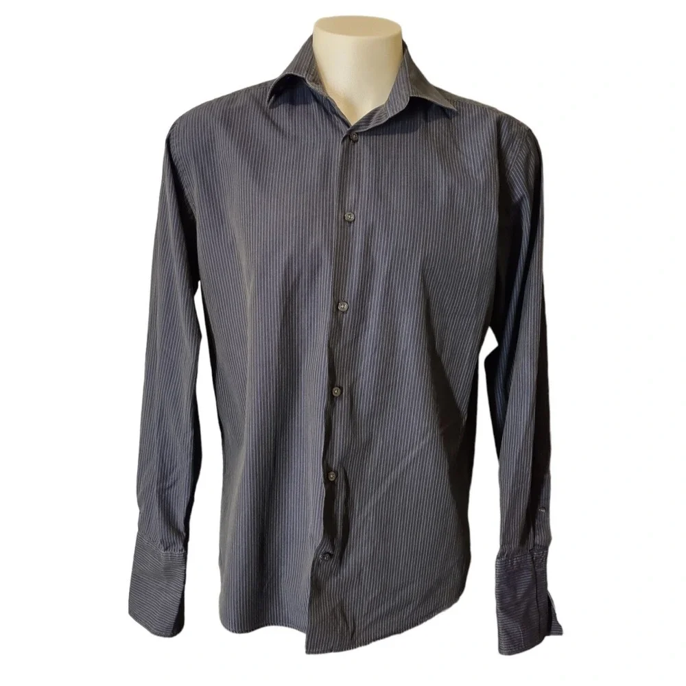Banana Republic Shirt Mens L Grey Pinstripe Fitted Long Sleeve Woven In Italy 16